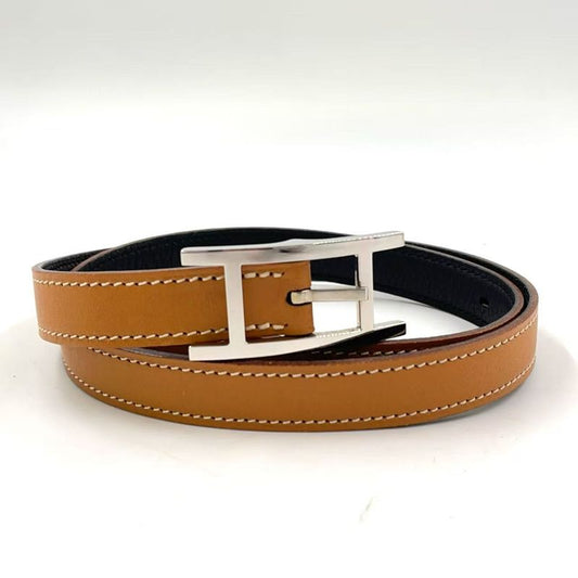 Hermes Api □D Engraved Leather Black X Light Brown Belt Silver