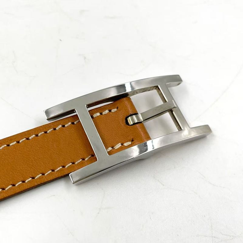 Hermes Api □D Engraved Leather Black X Light Brown Belt Silver