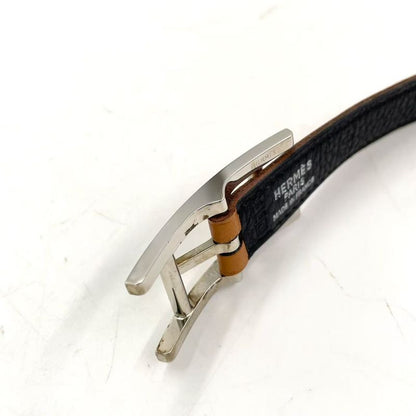 Hermes Api □D Engraved Leather Black X Light Brown Belt Silver