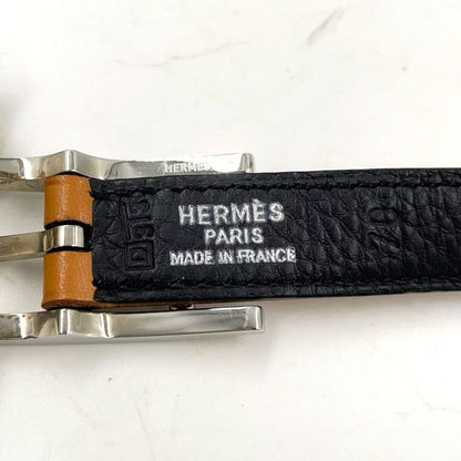 Hermes Api □D Engraved Leather Black X Light Brown Belt Silver