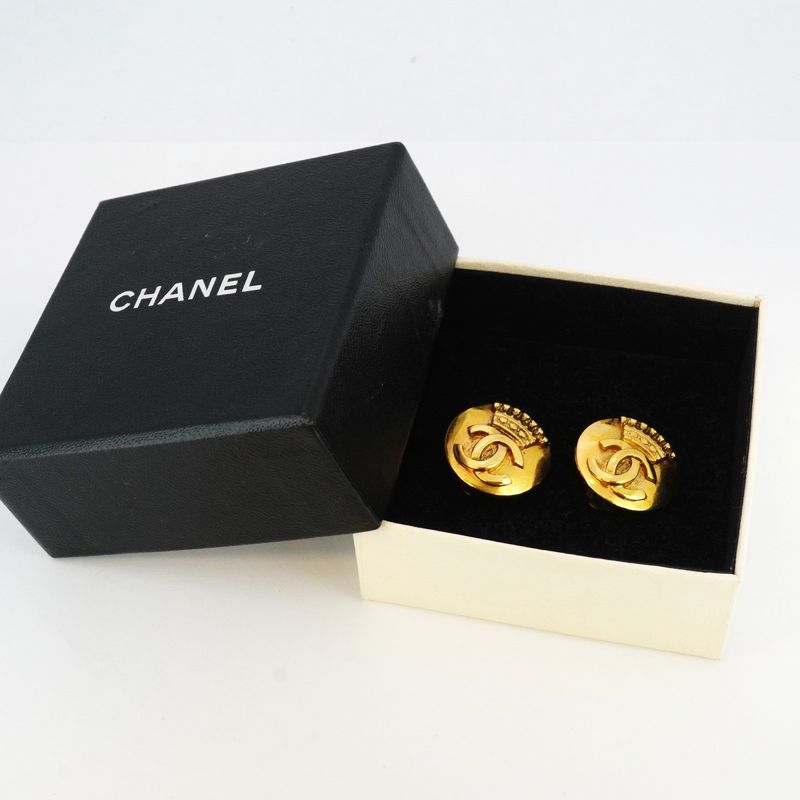 Chanel Earring Coco Mark Round Shape Circle Crown Motif GP Plating Diamond
