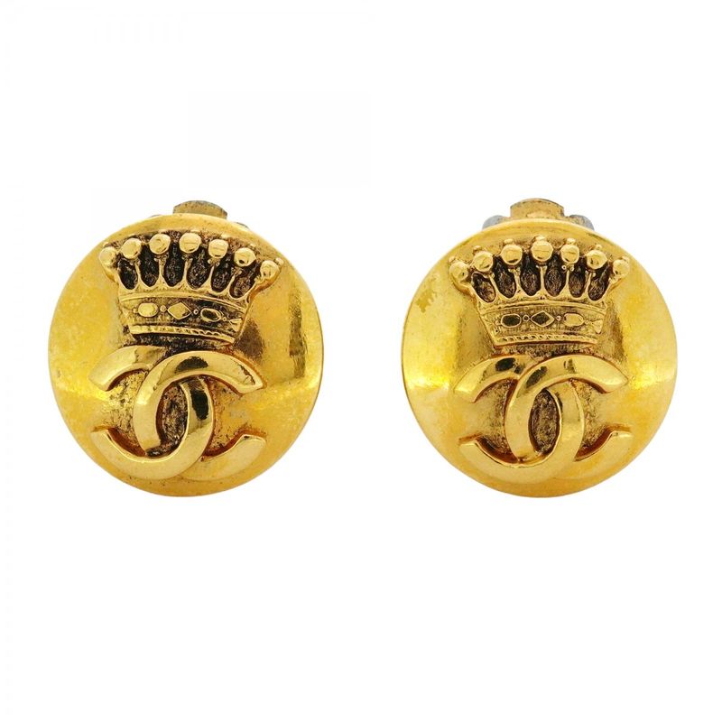 Chanel Earring Coco Mark Round Shape Circle Crown Motif GP Plating Diamond