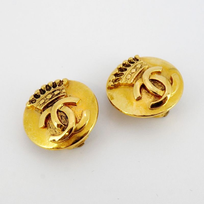 Chanel Earring Coco Mark Round Shape Circle Crown Motif GP Plating Diamond