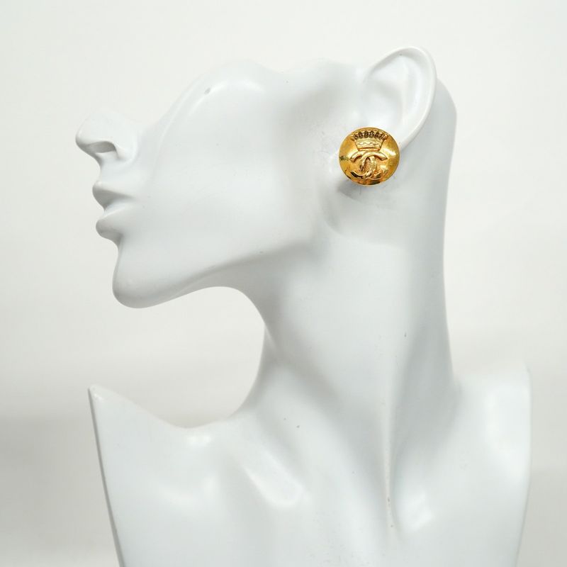 Chanel Earring Coco Mark Round Shape Circle Crown Motif GP Plating Diamond