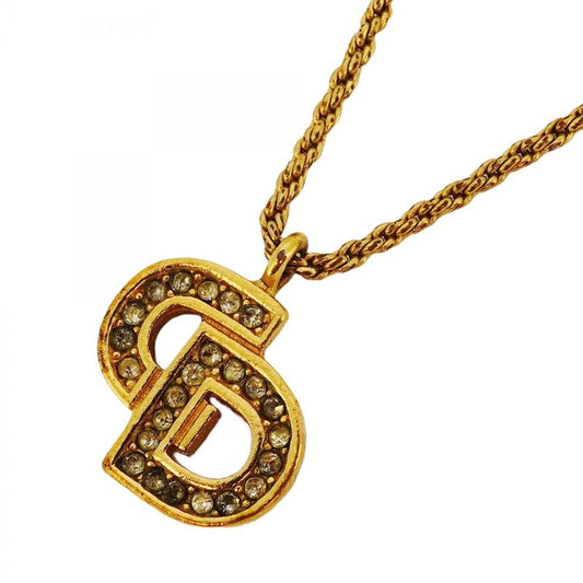 Christian Dior Necklace CD Logo GP Plated Rhinestone Gold Ladies