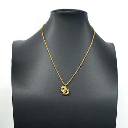 Christian Dior Necklace CD Logo GP Plated Rhinestone Gold Ladies