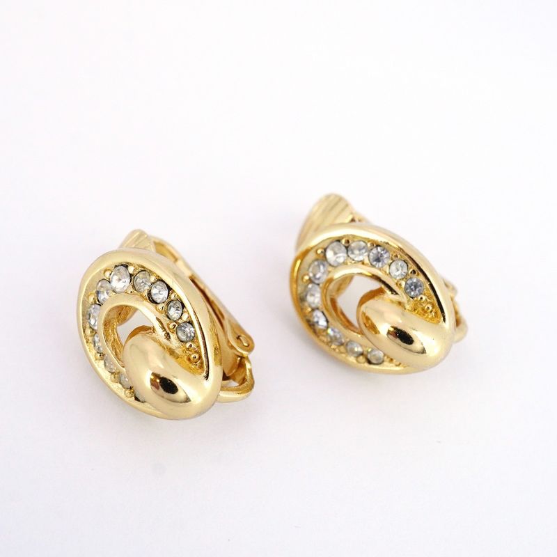 Christian Dior Earring GP Plated Rhinestone Gold Ladies