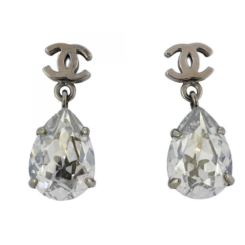 Chanel Earrings Coco Mark Metal Rhinestone Silver Ladies