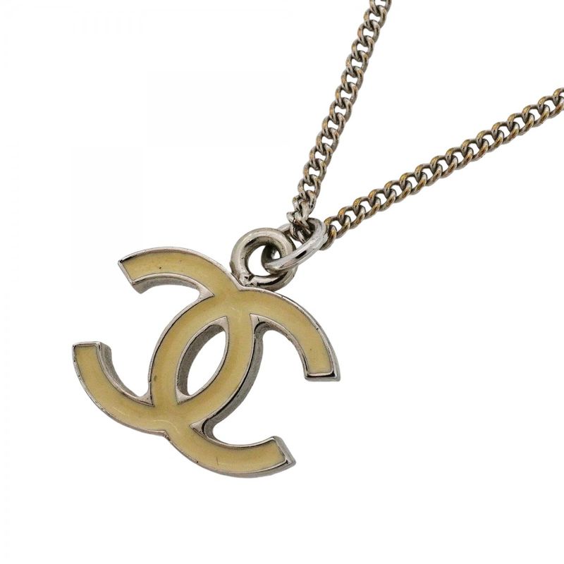 Chanel Necklace Coco Mark Metal Silver White Ladies