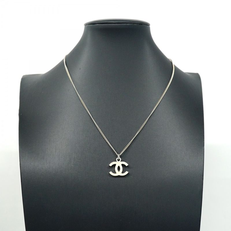 Chanel Necklace Coco Mark Metal Silver White Ladies