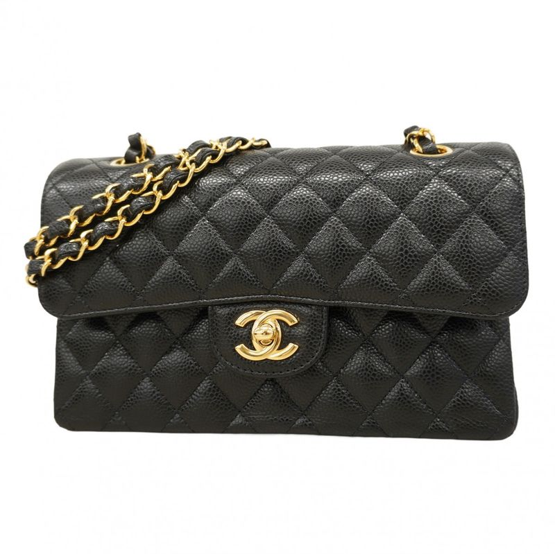 Chanel Shoulder Bag Matelasse Caviar Skin Black Gold Hardware Women
