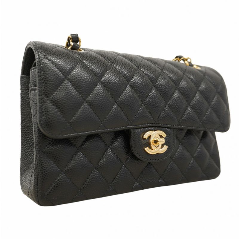 Chanel Shoulder Bag Matelasse Caviar Skin Black Gold Hardware Women