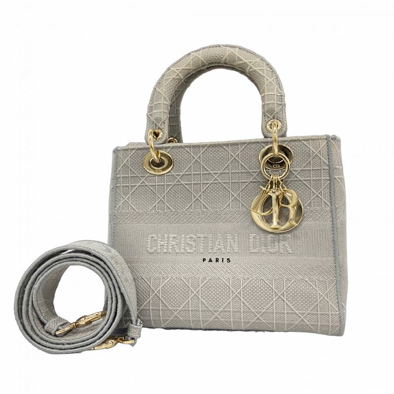 Christian Dior Handbag Lady D Light Canvas Gray Gold Hardware 2way Bag Ladies