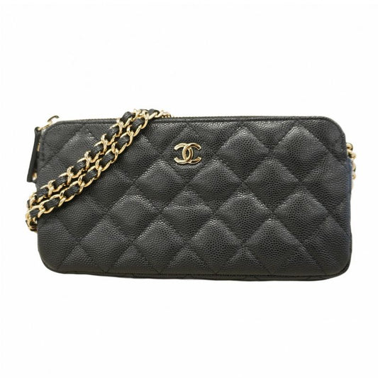 Chanel Shoulder Wallet Matelasse Caviar Skin Black Chien Pan Gold Hardware
