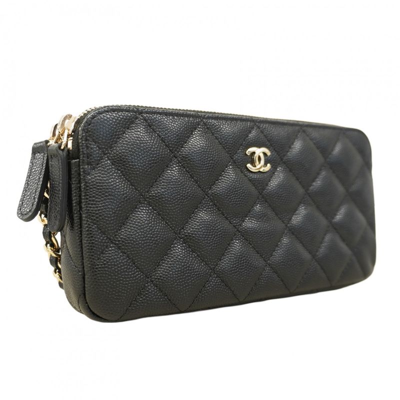Chanel Shoulder Wallet Matelasse Caviar Skin Black Chien Pan Gold Hardware
