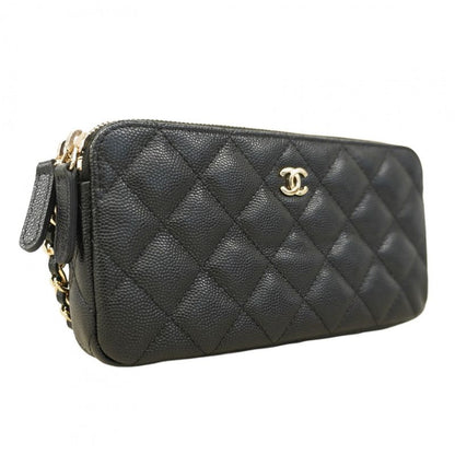 Chanel Shoulder Wallet Matelasse Caviar Skin Black Chien Pan Gold Hardware