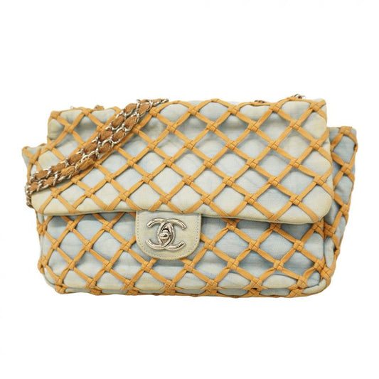 Chanel Shoulder Bag Matelasse Denim Blue Brown Silver Hardware Women's