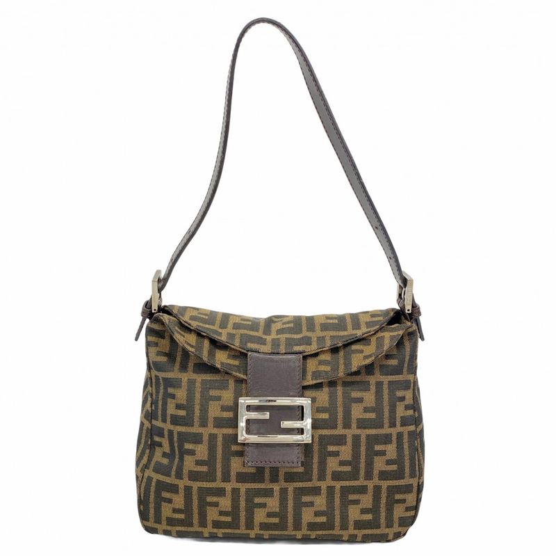 Fendi Handbag Zucca Nylon Canvas Brown Silver Hardware Women