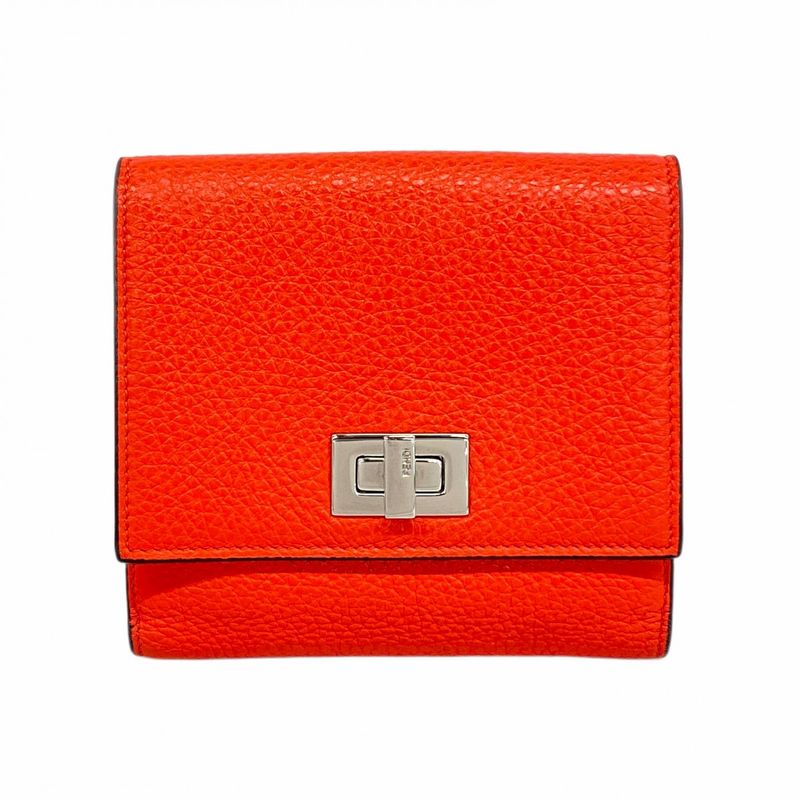 Fendi Wallet Peekaboo Leather Red Silver Hardware Women's