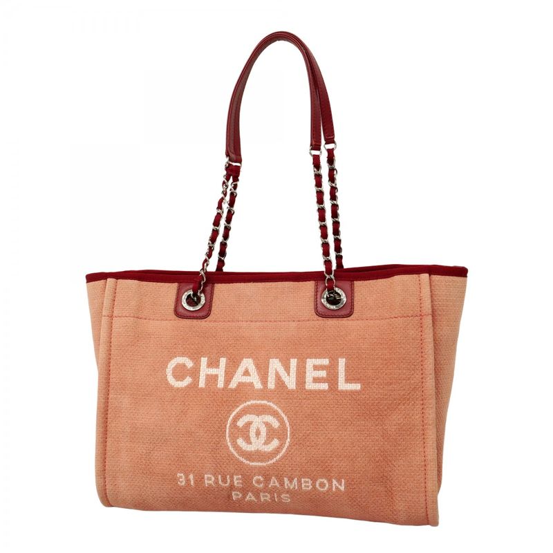 Chanel Tote Bag Deauville Canvas Pink Red Silver Hardware Ladies