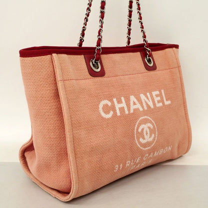Chanel Tote Bag Deauville Canvas Pink Red Silver Hardware Ladies