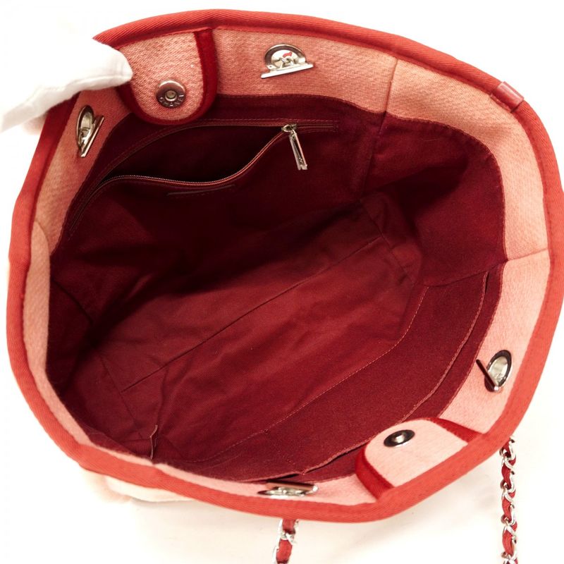 Chanel Tote Bag Deauville Canvas Pink Red Silver Hardware Ladies