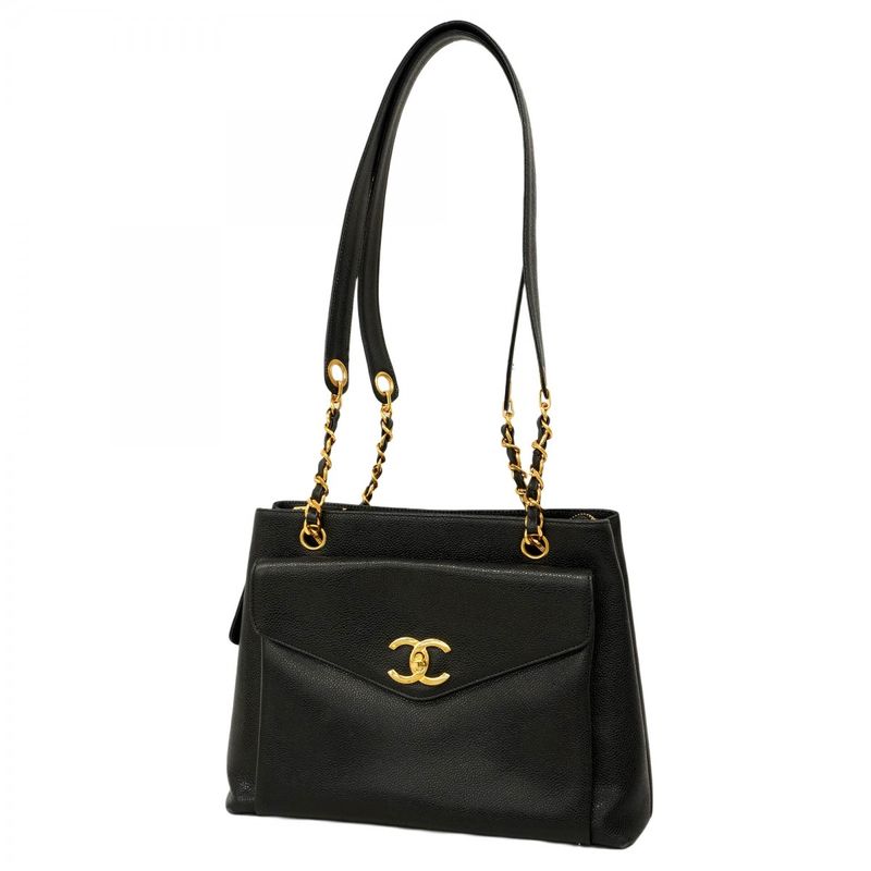 Chanel Shoulder Bag Caviar Skin Black Gold Hardware Ladies