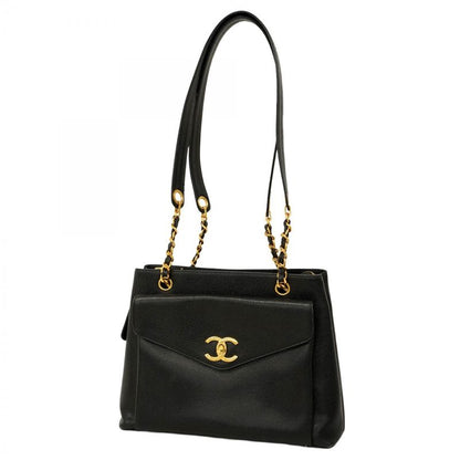 Chanel Shoulder Bag Caviar Skin Black Gold Hardware Ladies