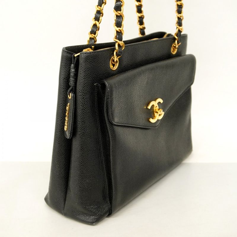 Chanel Shoulder Bag Caviar Skin Black Gold Hardware Ladies