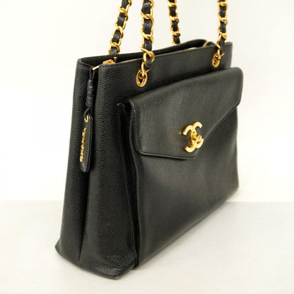 Chanel Shoulder Bag Caviar Skin Black Gold Hardware Ladies