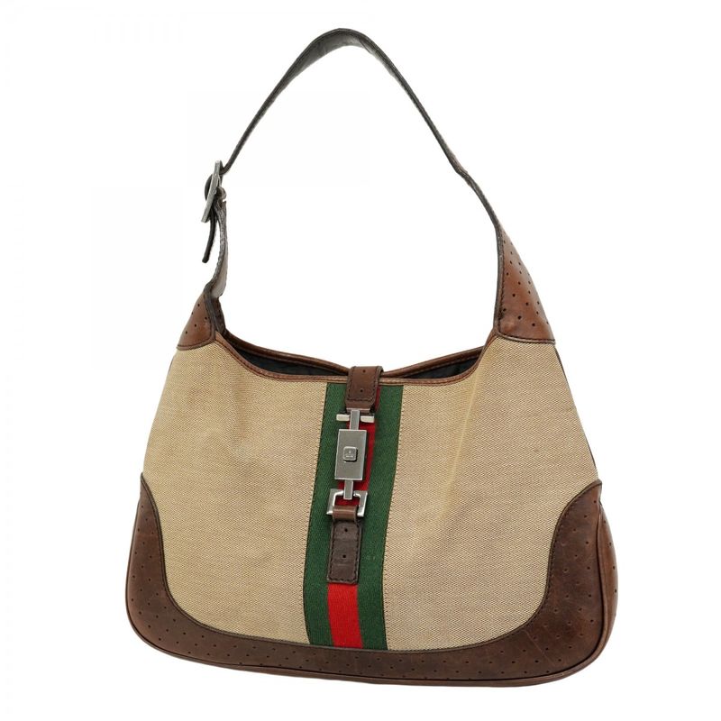 Gucci Shoulder Bag Sherry Line Jackie 00963 Canvas Beige Brown Silver Hardware