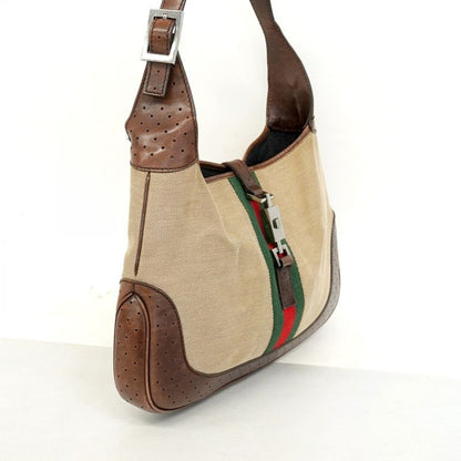 Gucci Shoulder Bag Sherry Line Jackie 00963 Canvas Beige Brown Silver Hardware