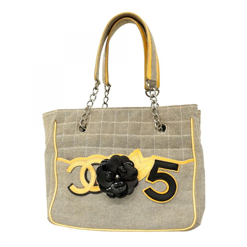 Chanel Tote Bag Camellia Chocolate Bar Canvas Gray Yellow Silver Hardware Ladies