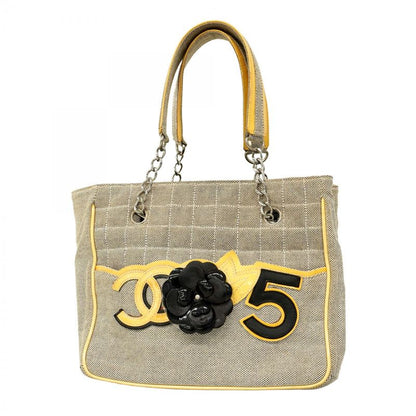 Chanel Tote Bag Camellia Chocolate Bar Canvas Gray Yellow Silver Hardware Ladies