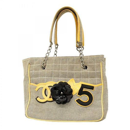 Chanel Tote Bag Camellia Chocolate Bar Canvas Gray Yellow Silver Hardware Ladies