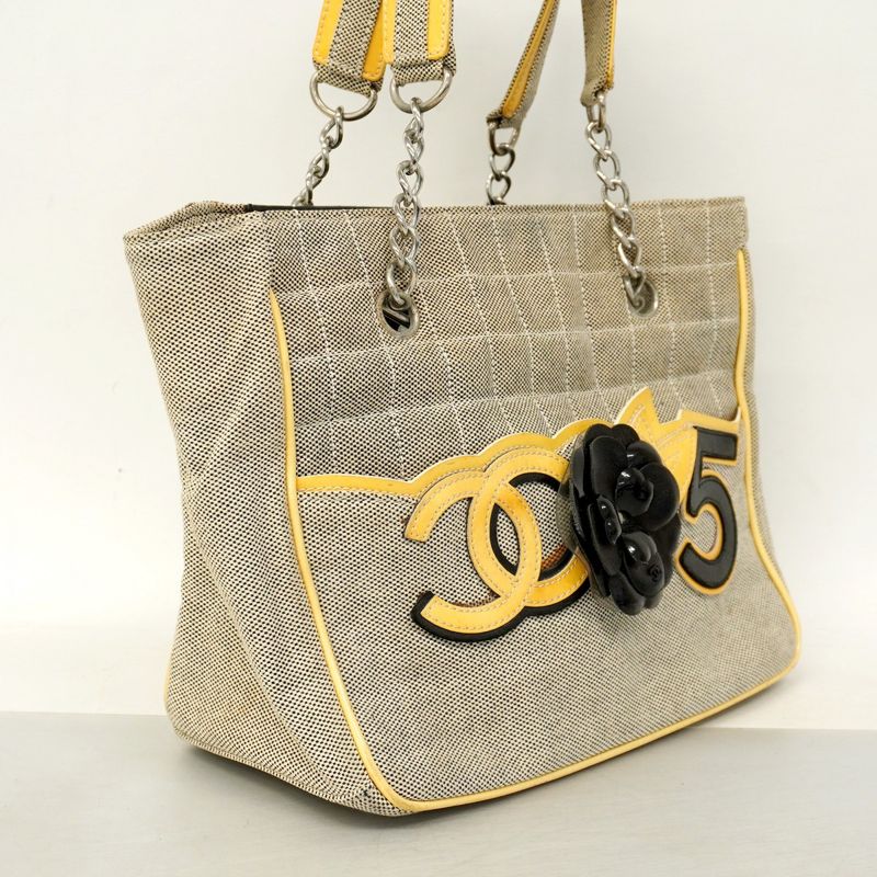 Chanel Tote Bag Camellia Chocolate Bar Canvas Gray Yellow Silver Hardware Ladies