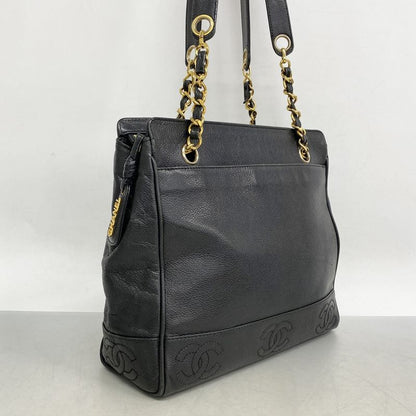 Chanel Shoulder Bag Triple Coco Caviar Skin Black Gold Hardware Women's
