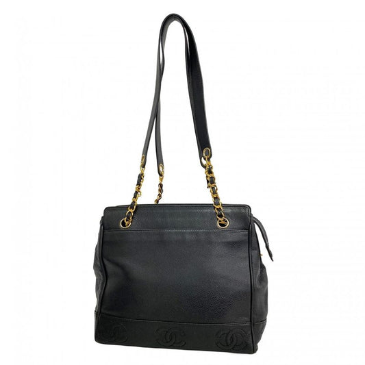 Chanel Shoulder Bag Triple Coco Caviar Skin Black Gold Hardware Women's