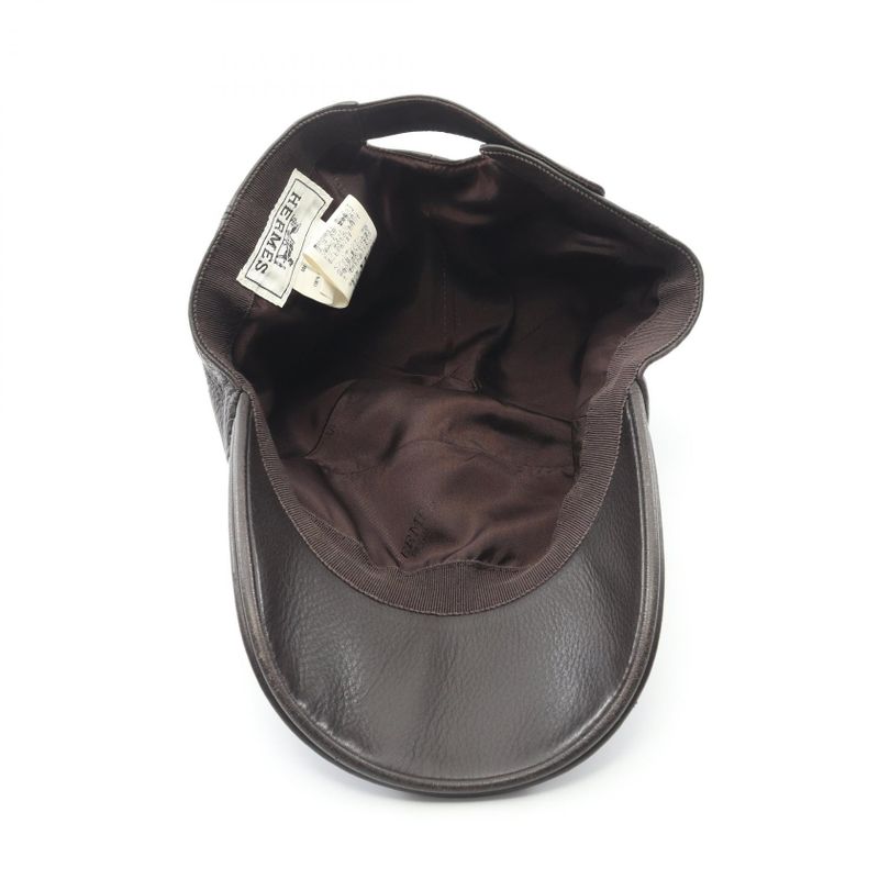 Hermes Cap H Embroidery Leather Hat Men's Used B