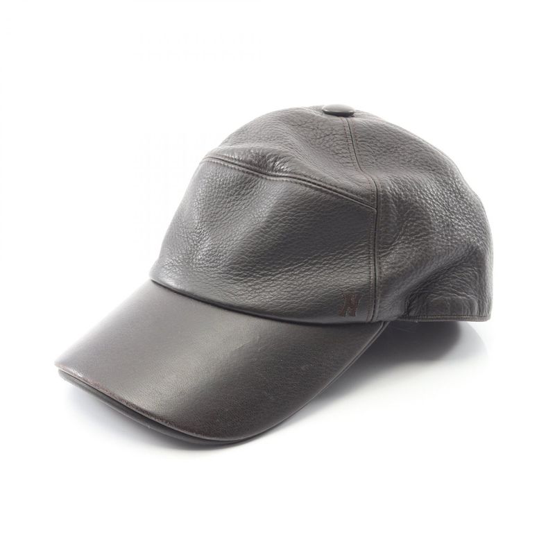 Hermes Cap H Embroidery Leather Hat Men's Used B