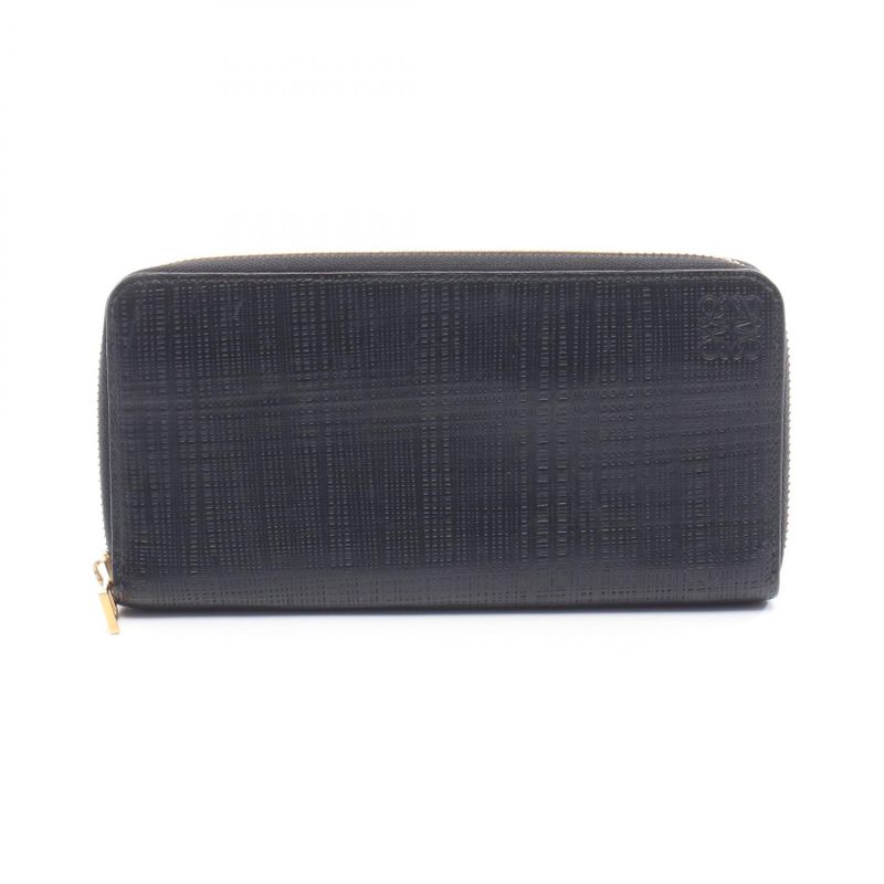 Loewe Round Long Wallet Anagram Black Leather Anagram Round Long Wallet Women's