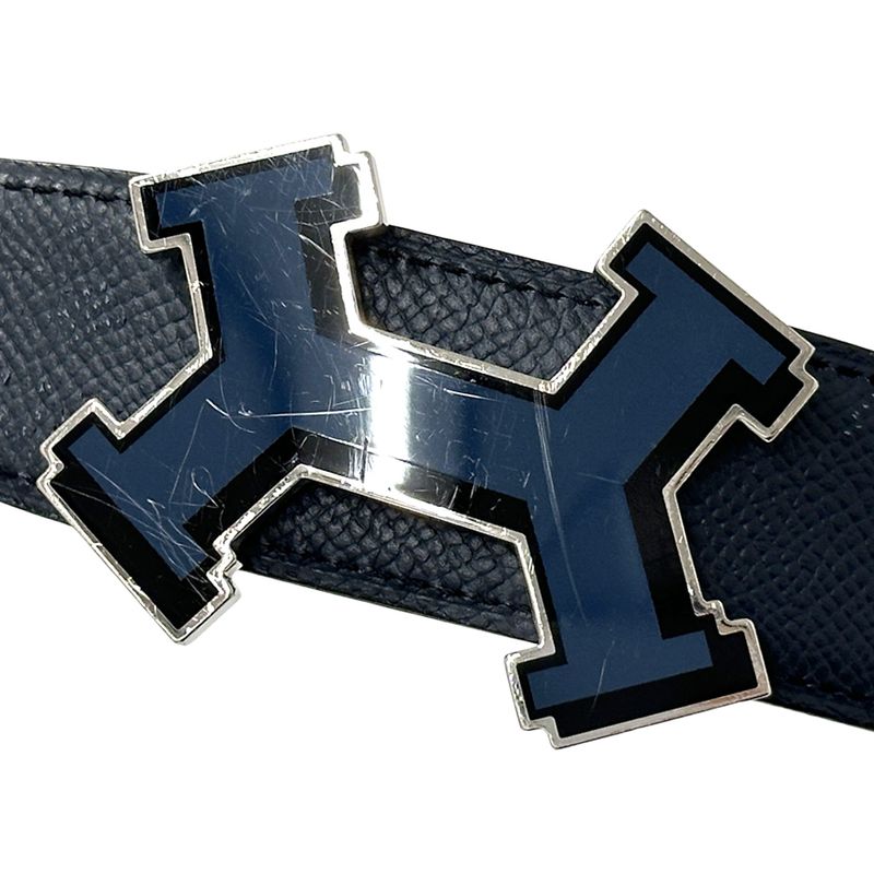 Hermes Belt Men's Brand Street H Leather Navy Gray Reversible C Engraved