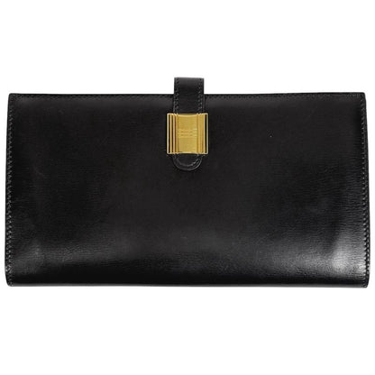 Hermes Saumur Diane Cadena Bifold Long Wallet Leather Black 〇Z Ladies