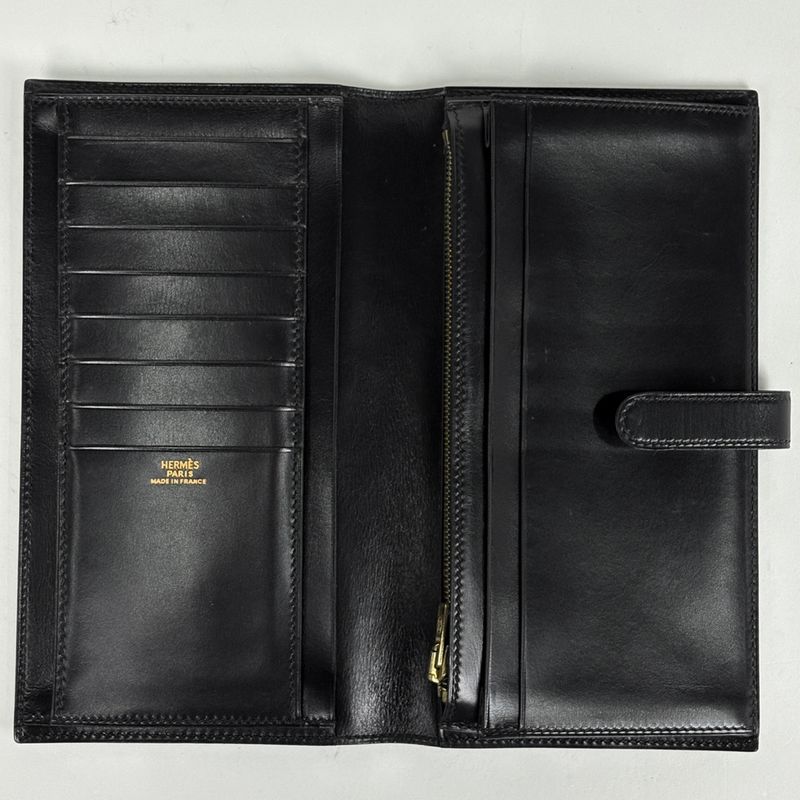 Hermes Saumur Diane Cadena Bifold Long Wallet Leather Black 〇Z Ladies