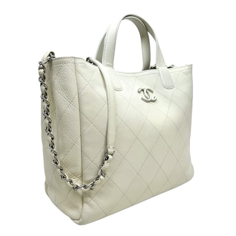 Chanel Matelasse Bag Tote Bag Shoulder Bag Caviar Skin White Silver Hardware