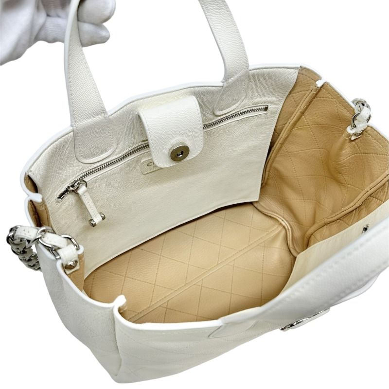 Chanel Matelasse Bag Tote Bag Shoulder Bag Caviar Skin White Silver Hardware
