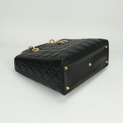 Christian DIOR Large LADY DIOR Cannage Bag Tote Bag Leather Black Gold Hardware