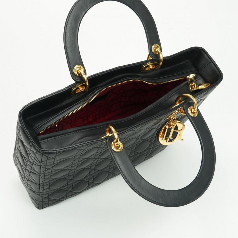 Christian DIOR Large LADY DIOR Cannage Bag Tote Bag Leather Black Gold Hardware