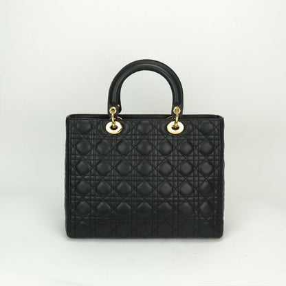 Christian DIOR Large LADY DIOR Cannage Bag Tote Bag Leather Black Gold Hardware