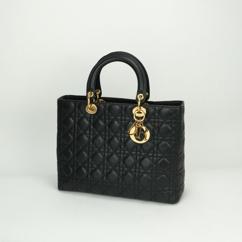Christian DIOR Large LADY DIOR Cannage Bag Tote Bag Leather Black Gold Hardware